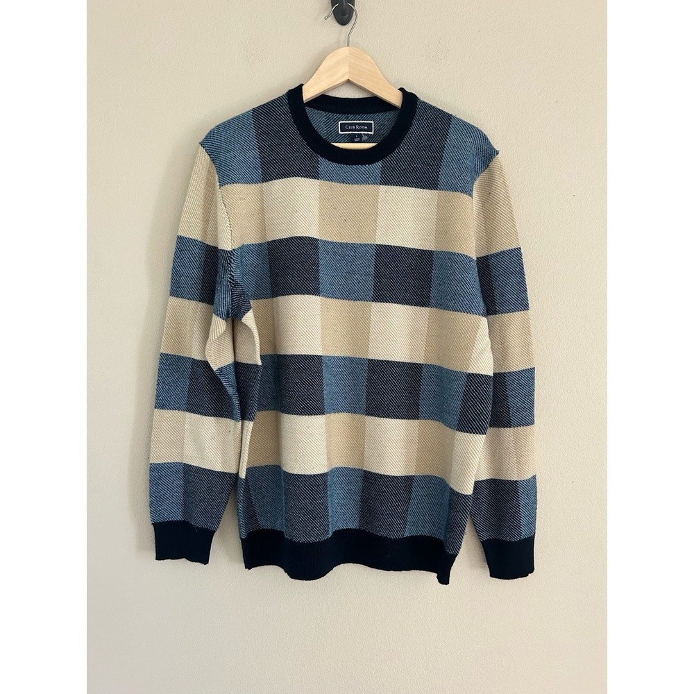 Club Room Cream & Blue Plaid Blend Crewneck Table‎ Sweater Mens L